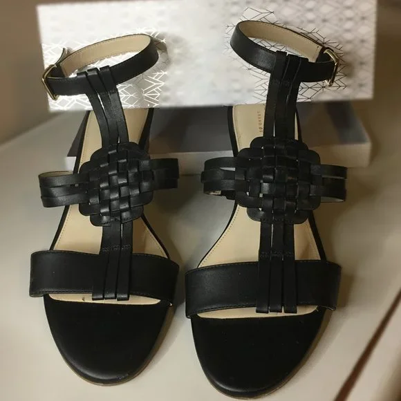 COLE HAAN "Findra" Black Leather Woven Slide Wedge Sandal | Size 9B - Picture 5 of 15